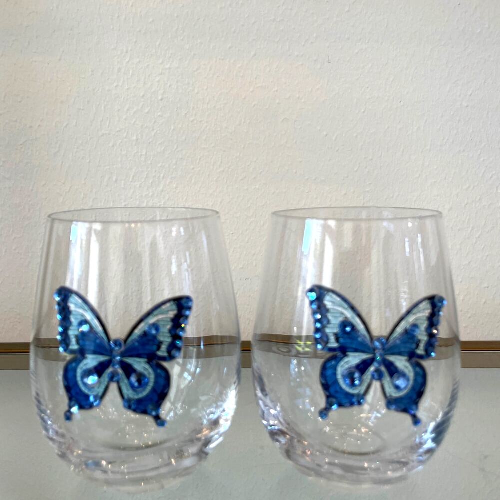 Dolly Parton Jeweled Rhinestone Blue Butterfly Stemless Wine Glasses 18oz NEW